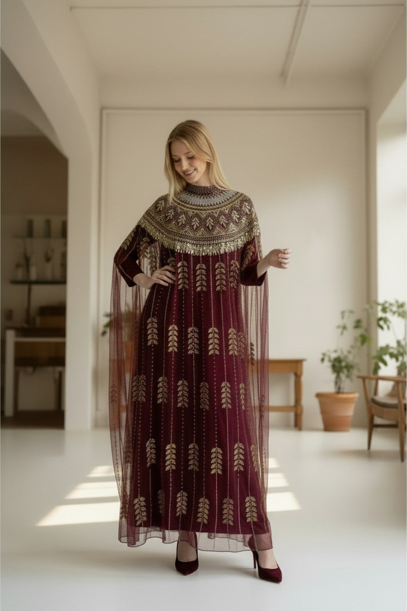 Wine Red Embellished Kaftan Dress