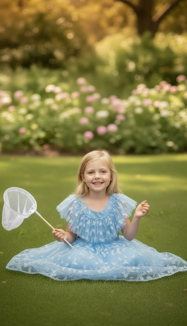 SKY 3D butterfly Glitter puffy Dress (Dusty Blue)