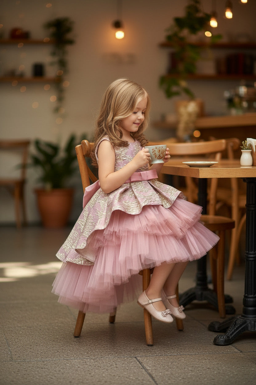 Bianca Jacquard Tulle high low Dress -Dusty Pink