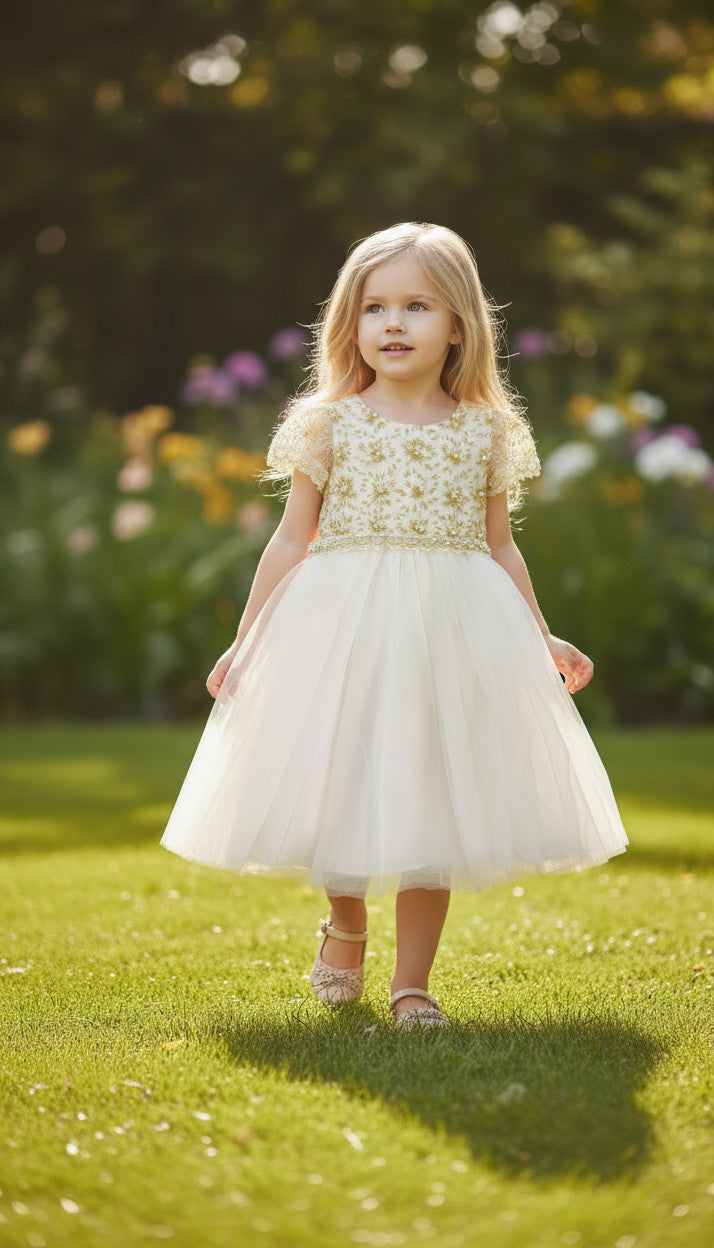 Lily Puff Sleeve Flower Girls White/Gold Dress