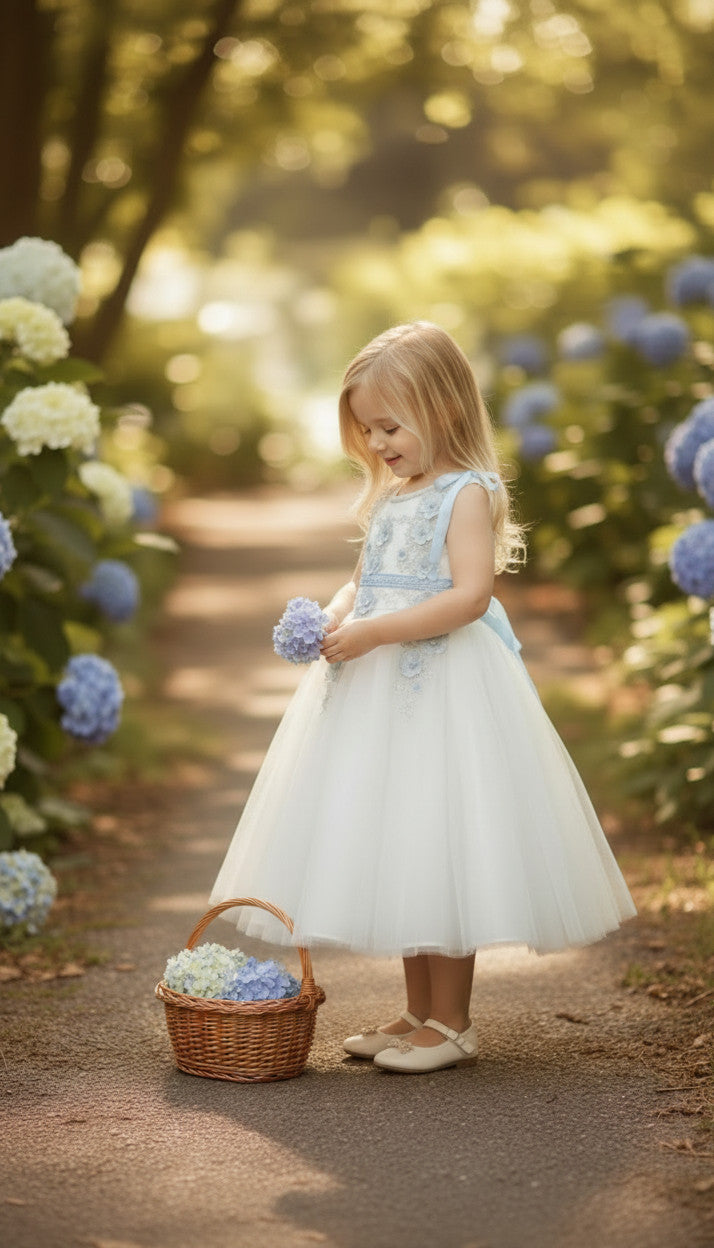Brenda Blue White Flower Girls White Dress