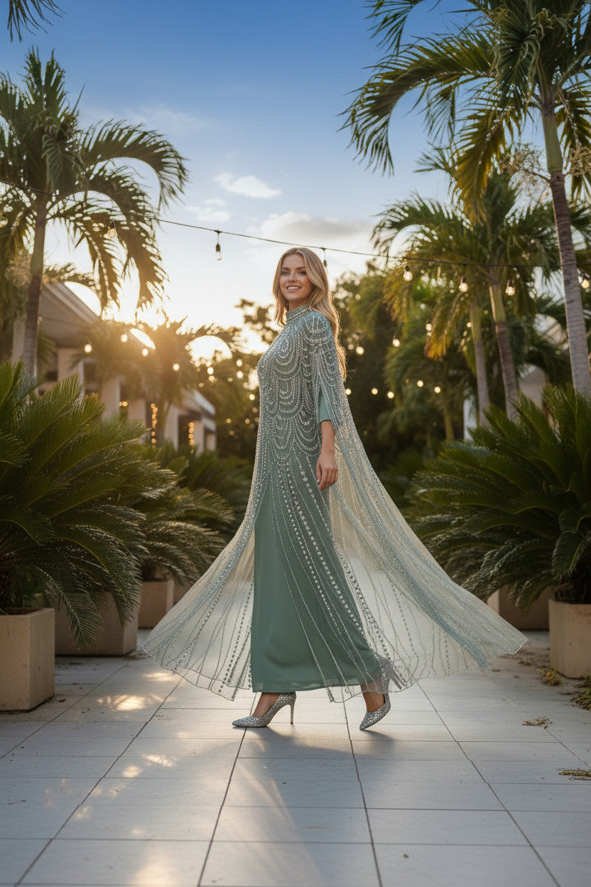 Pistachio Silver Embellished Kaftan Dress