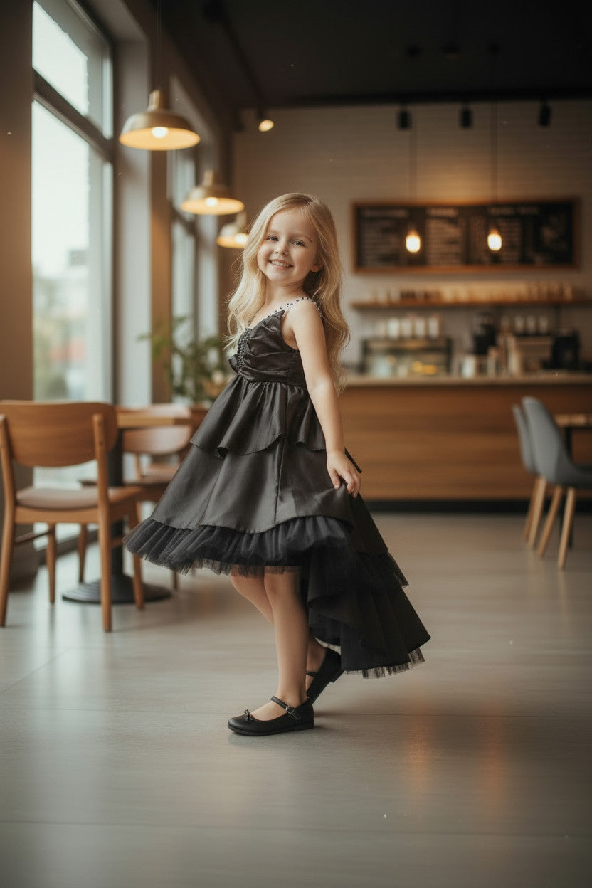 Nylah Satin Tiered Dress- Black