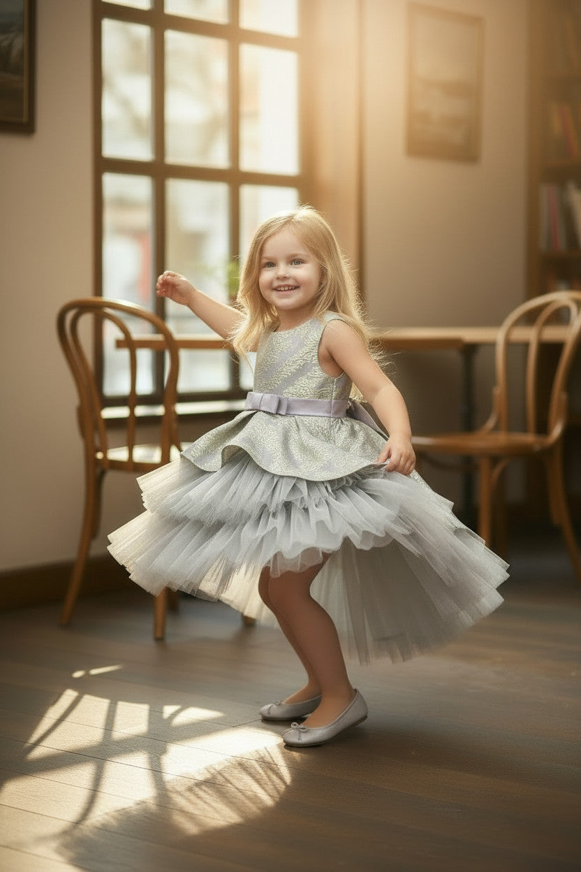 SKye Jacquard Tulle high low Dress -Grey Gold