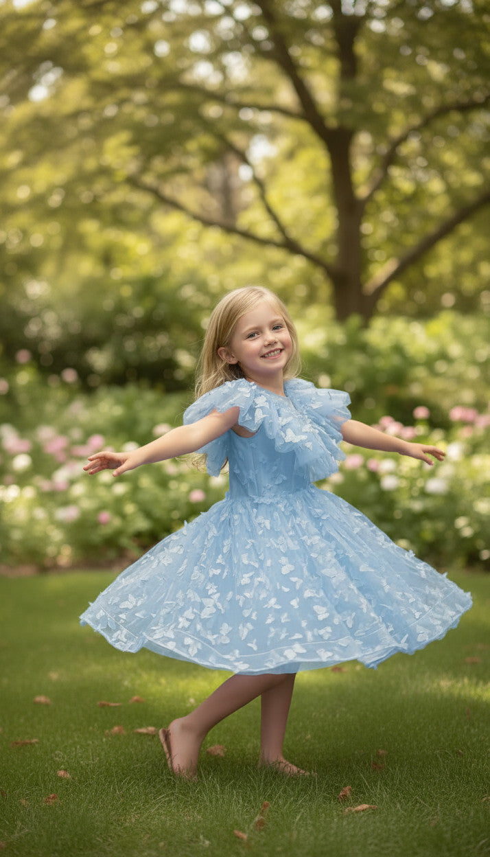 SKY 3D butterfly Glitter puffy Dress (Dusty Blue)