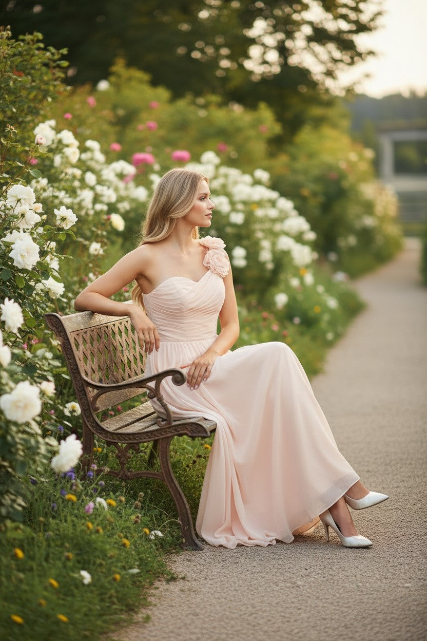 One Shoulder Beige Gown