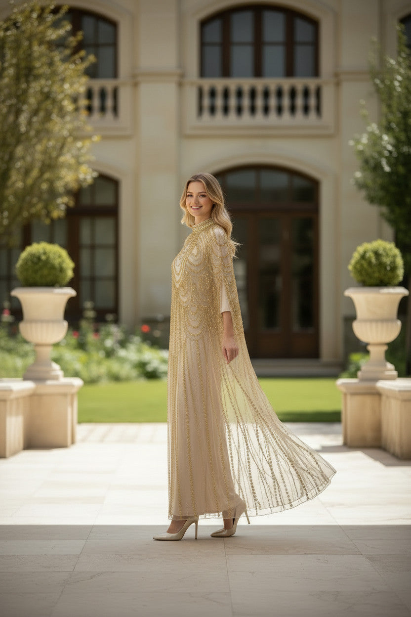 Sheer champagne‑gold overlay Kaftan Gown