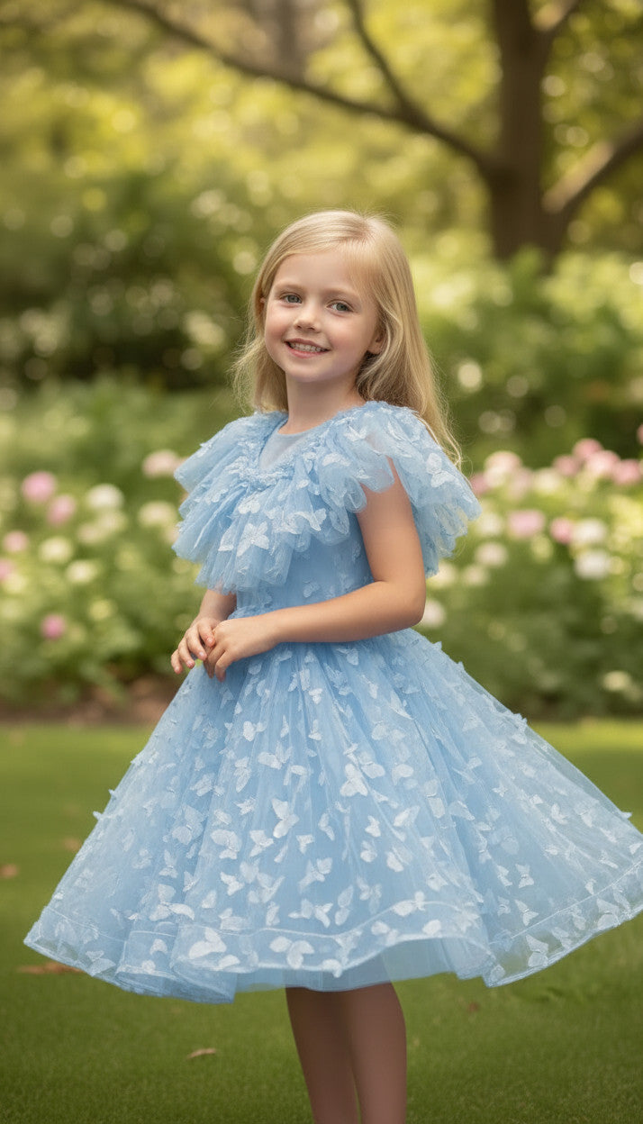 SKY 3D butterfly Glitter puffy Dress (Dusty Blue)