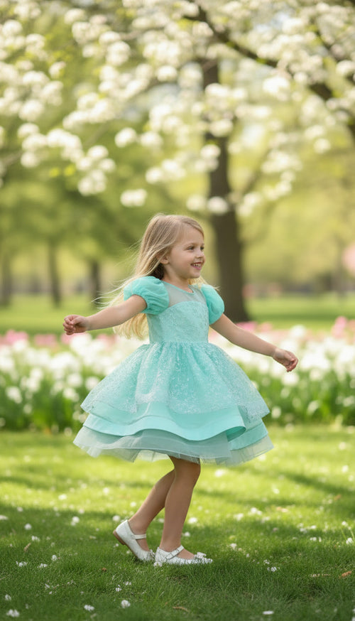 Alamanda Gliterred puffy Dress- Mint