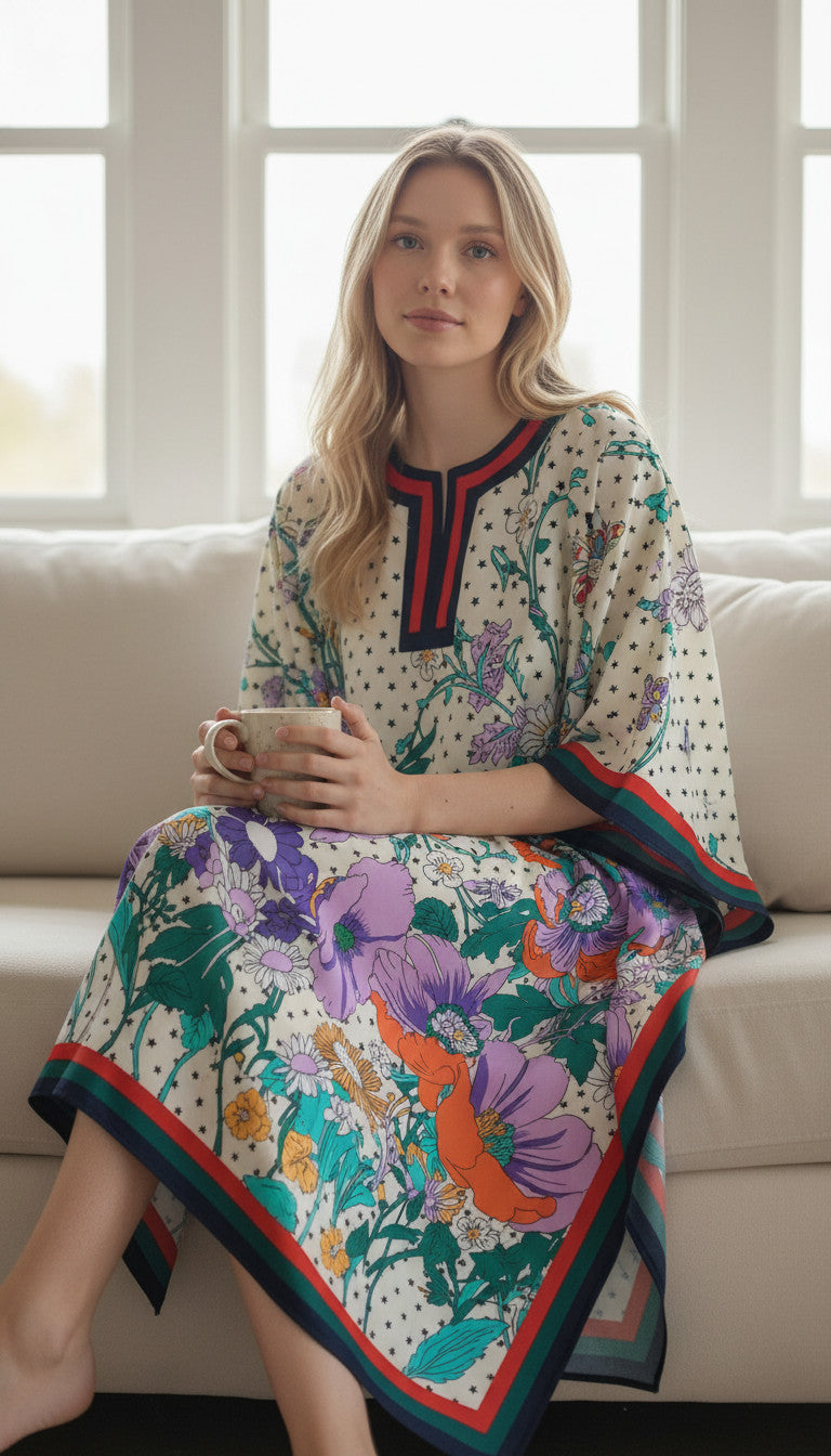 Long Abstract Print Pastel Kaftan