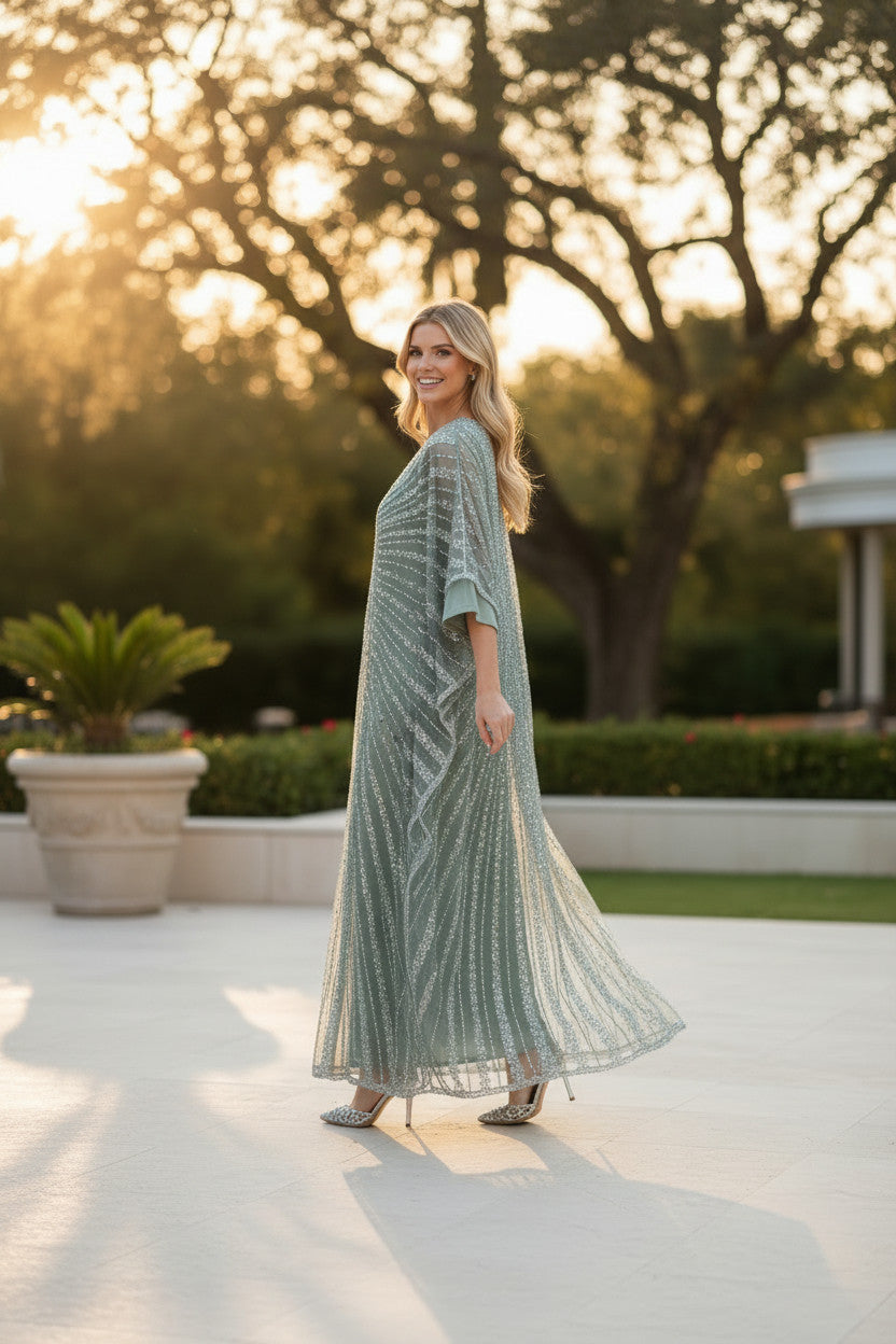 Pistachio V neck Embellished Kaftan Dress