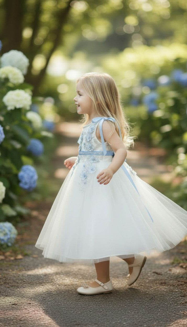 Brenda Blue White Flower Girls White Dress