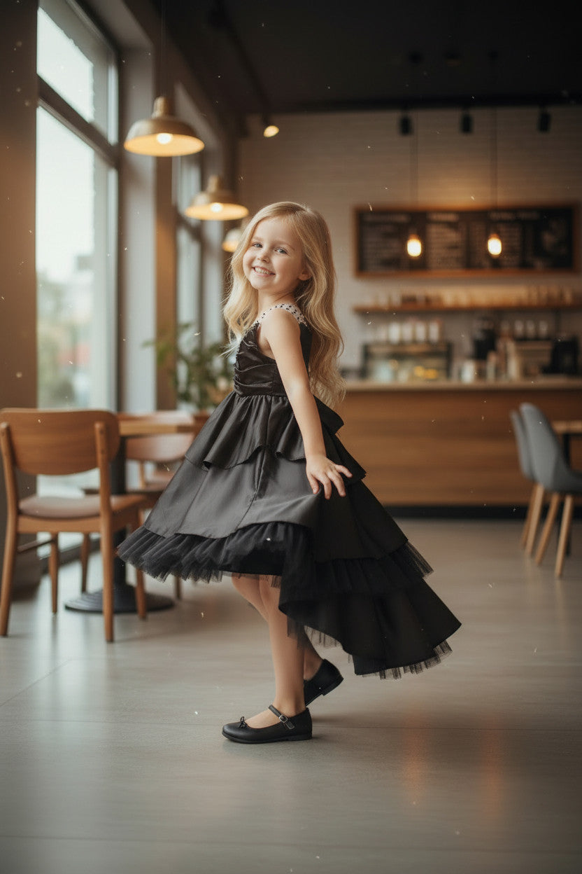 Nylah Satin Tiered Dress- Black