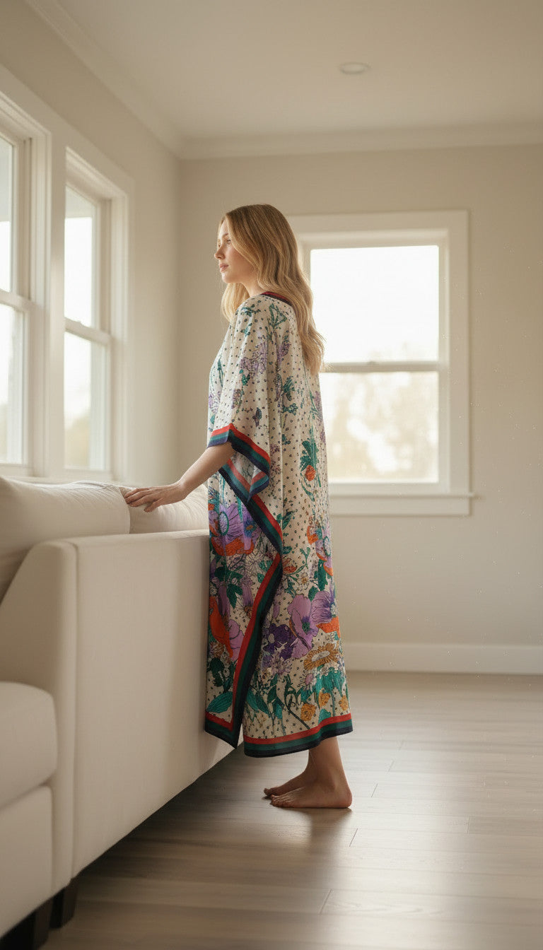Long Abstract Print Pastel Kaftan