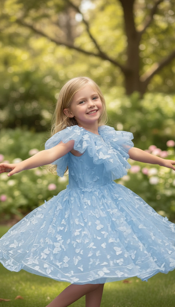 SKY 3D butterfly Glitter puffy Dress (Dusty Blue)