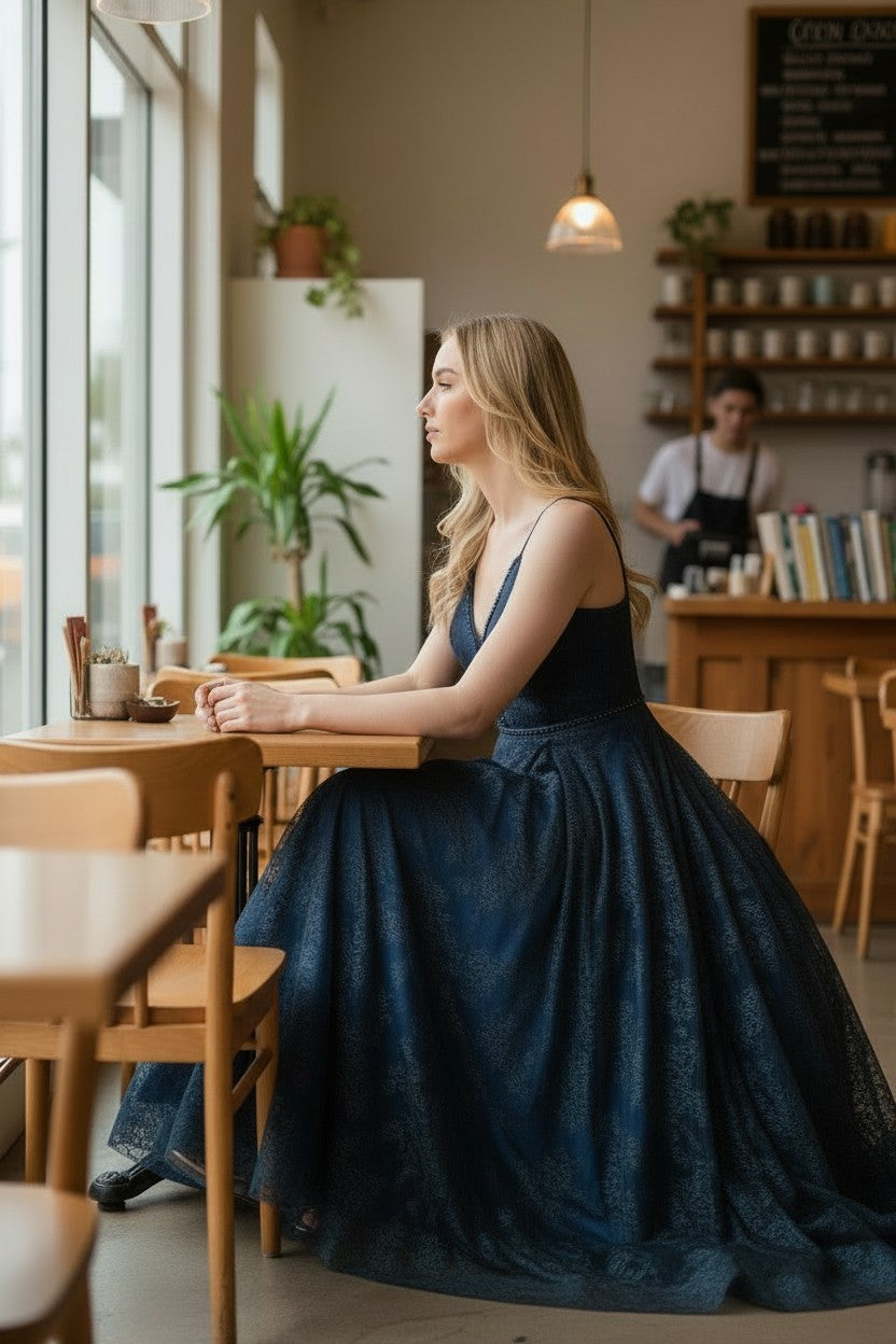 BLUE Lace Strappy Ballgown