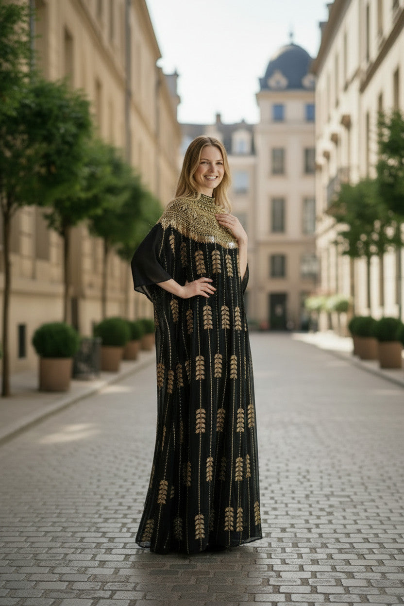 Black Gold Embellished Kaftan Dress