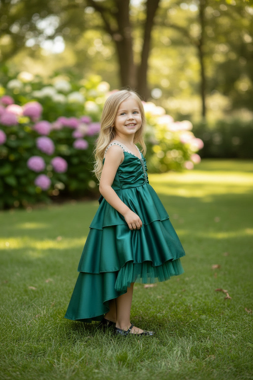 Samiyah Satin Tiered Dress- Emerald