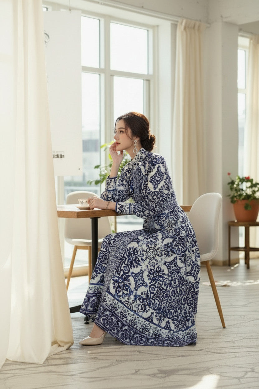 PORCELAIN White & Blue Printed Dress