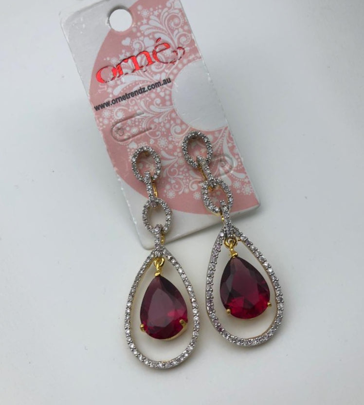 RED RHINESTONE DROP BEADS GOLD EARRINGS image 1