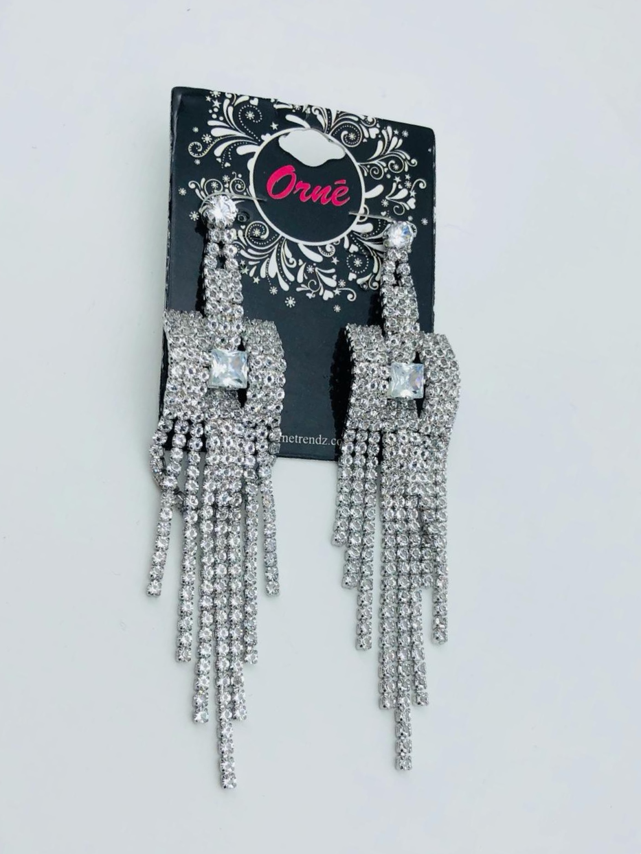 DIAMANTE SQUARE TASSELS SILVER EARRINGS image 1