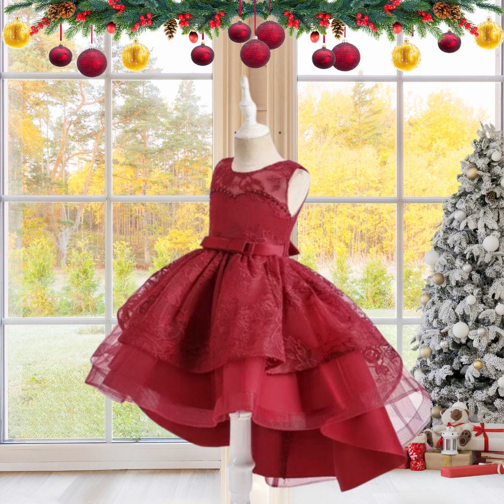 CHRISTMAS KIDS DRESS FLOWER EMBROIDERED TULLE GOWN image 1