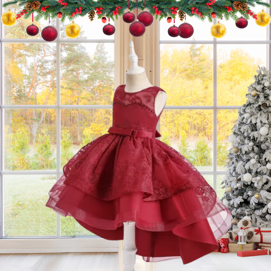 CHRISTMAS KIDS DRESS FLOWER EMBROIDERED TULLE GOWN image 1