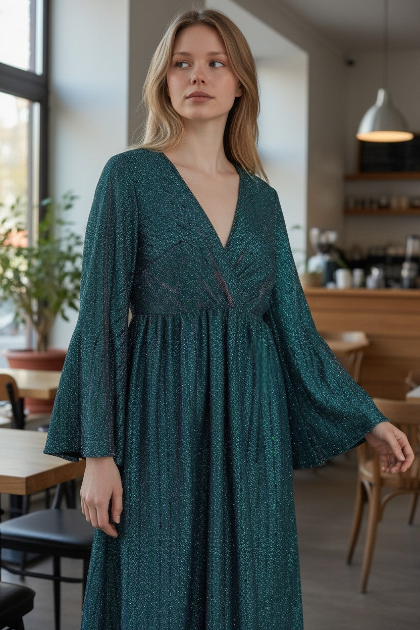 SANDRA Emerald plus size Bell Sleeve Dress