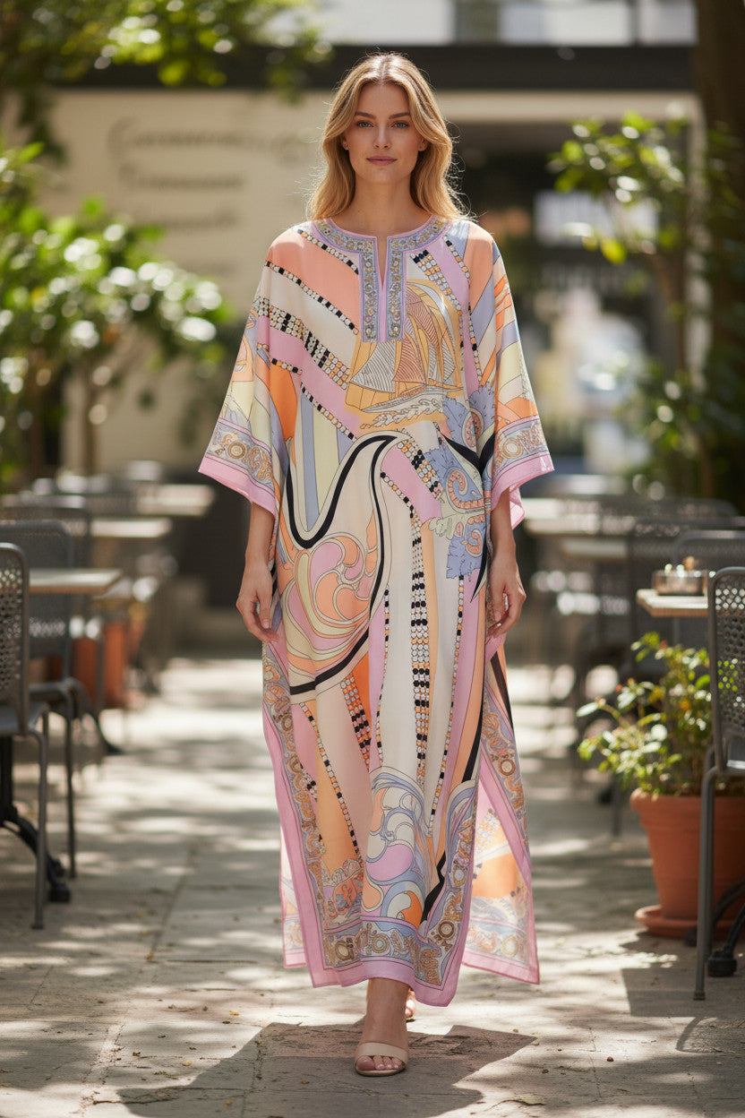 Long Abstract Print Soft Polyester Kaftan dress