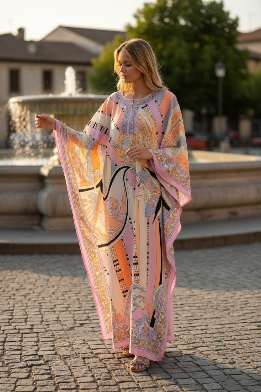 Long Abstract Print Soft Polyester Kaftan dress