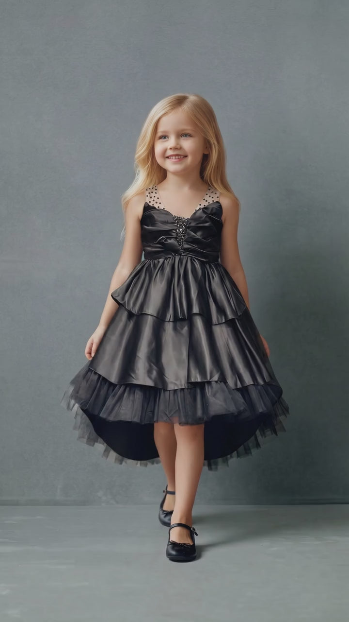 Nylah Satin Tiered Dress- Black