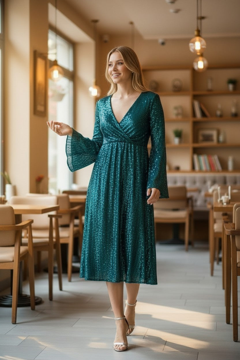 SANDRA Emerald plus size Bell Sleeve Dress